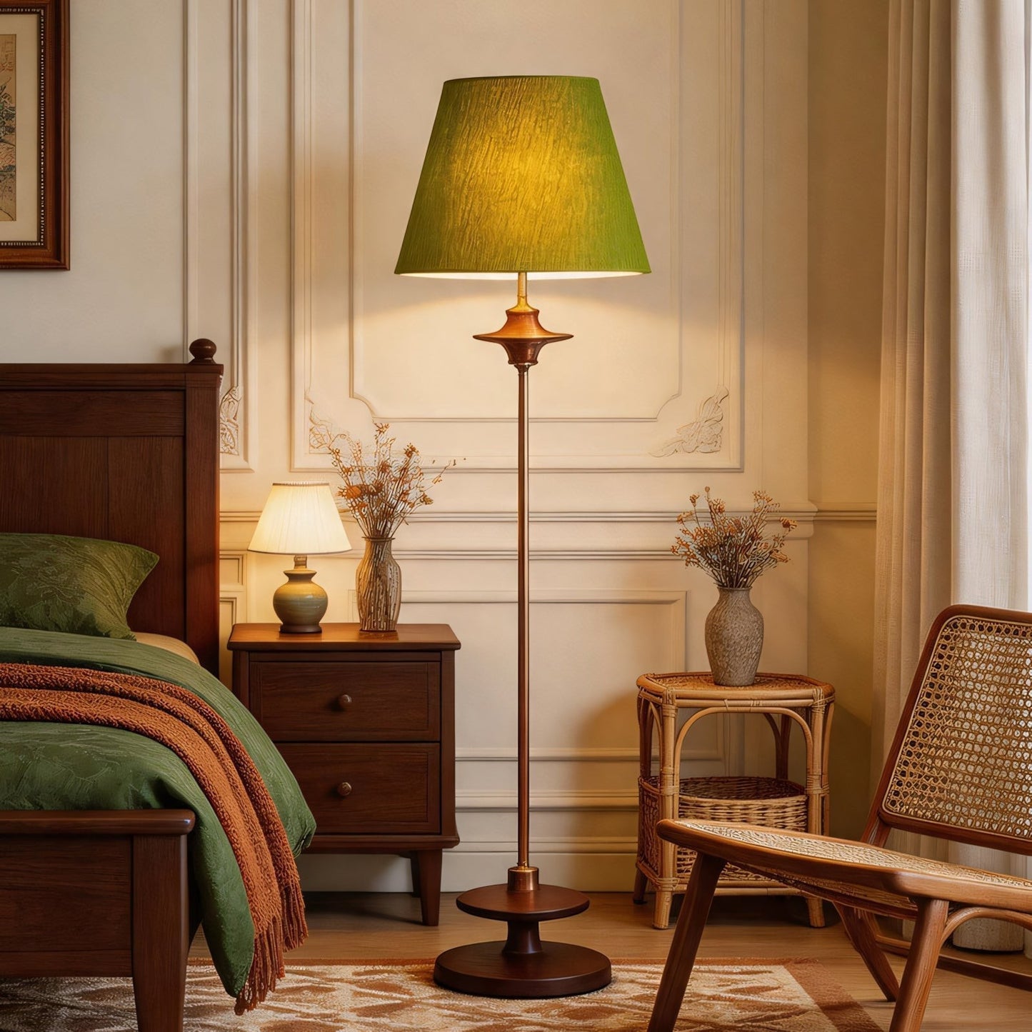 Ash Wood Turned Saucer Spindle Floor Lamp | Dark Walnut Mid-Century