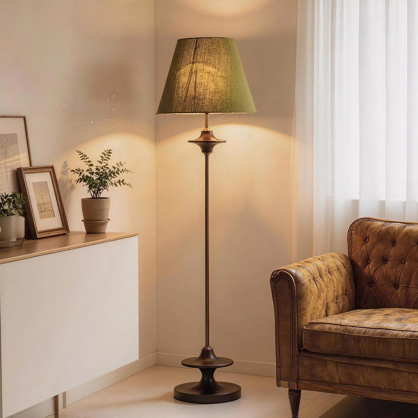 Ash Wood Turned Saucer Spindle Floor Lamp | Dark Walnut Mid-Century