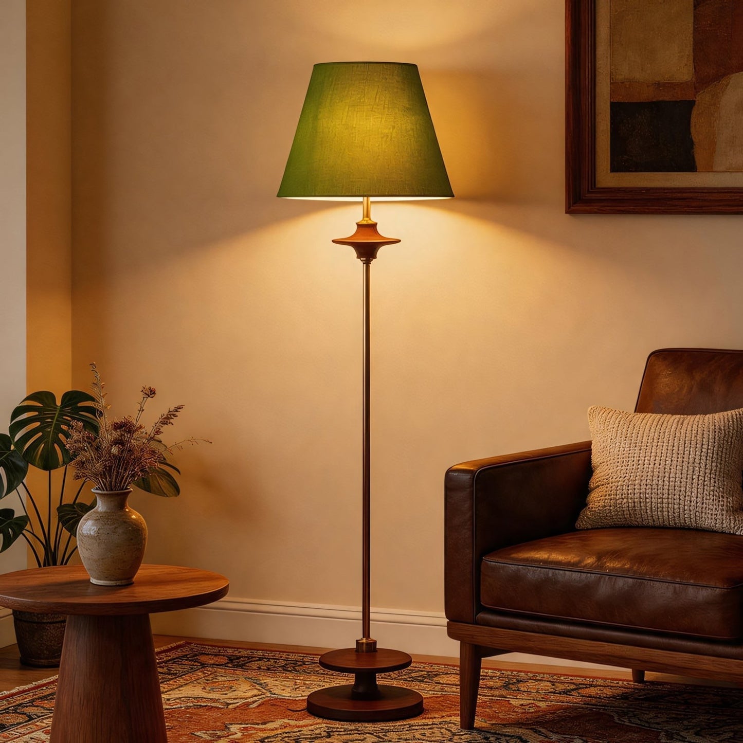 Ash Wood Turned Saucer Spindle Floor Lamp | Dark Walnut Mid-Century