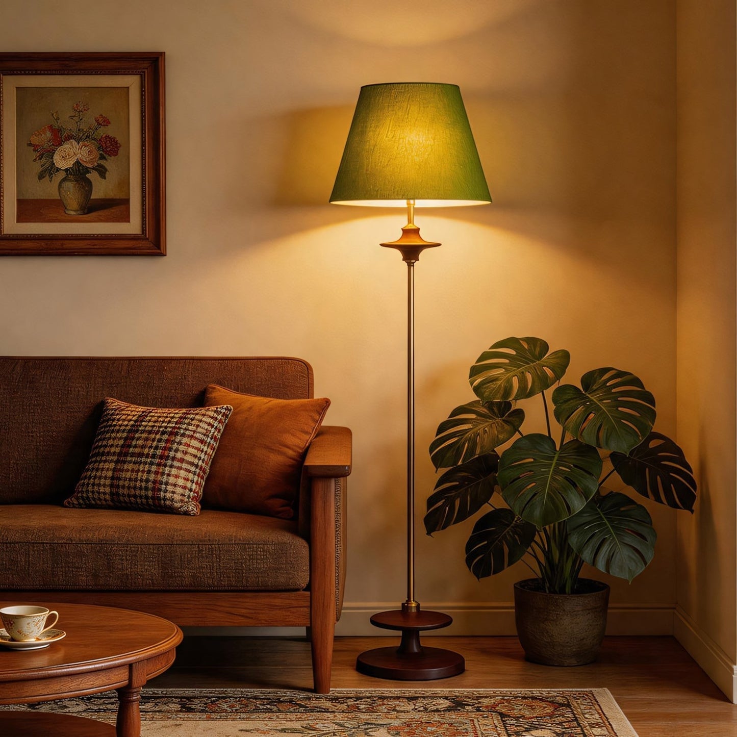 Ash Wood Turned Saucer Spindle Floor Lamp | Dark Walnut Mid-Century