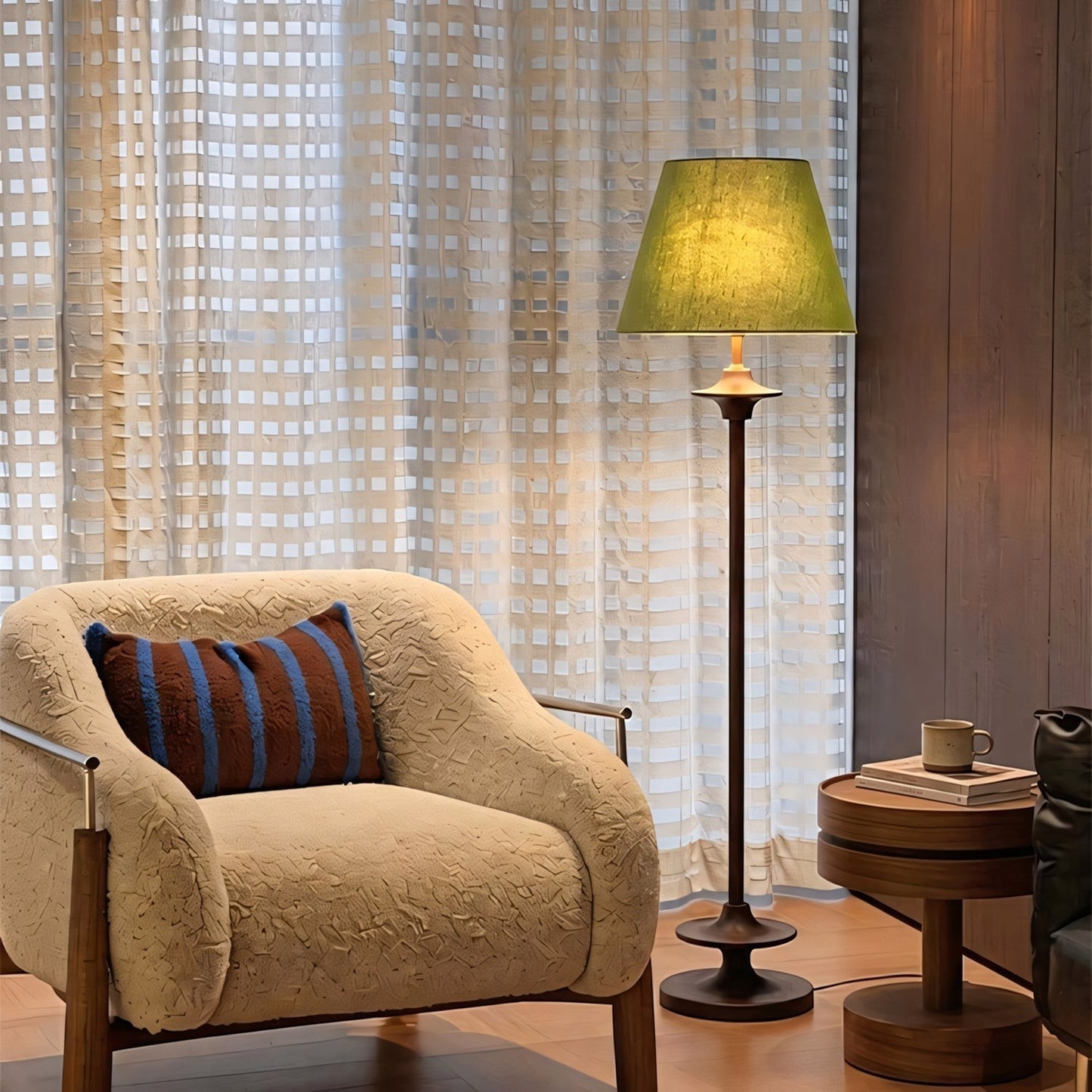Ash Wood Turned Saucer Spindle Floor Lamp | Dark Walnut Mid-Century