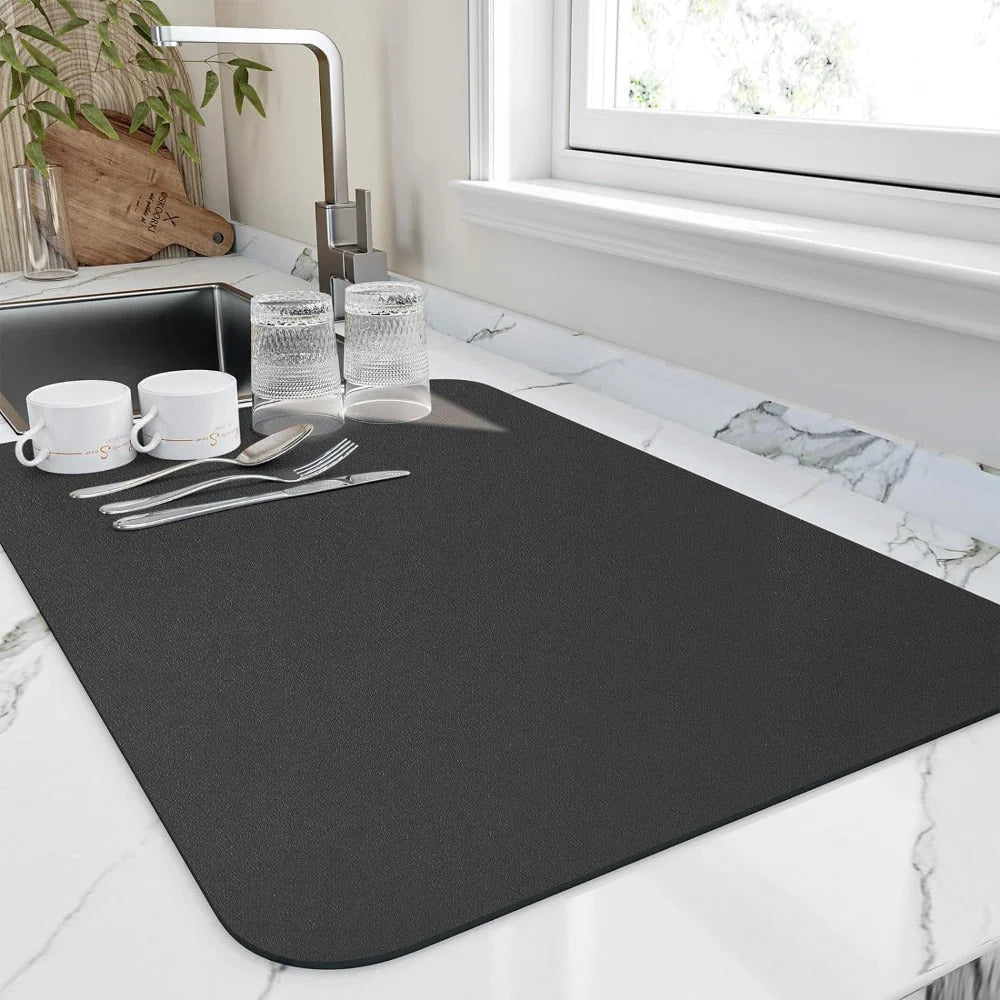 Diatomite Dish Drying Mat with Non-Slip Rubber Back - Black Mat Beside Kitchen Sink