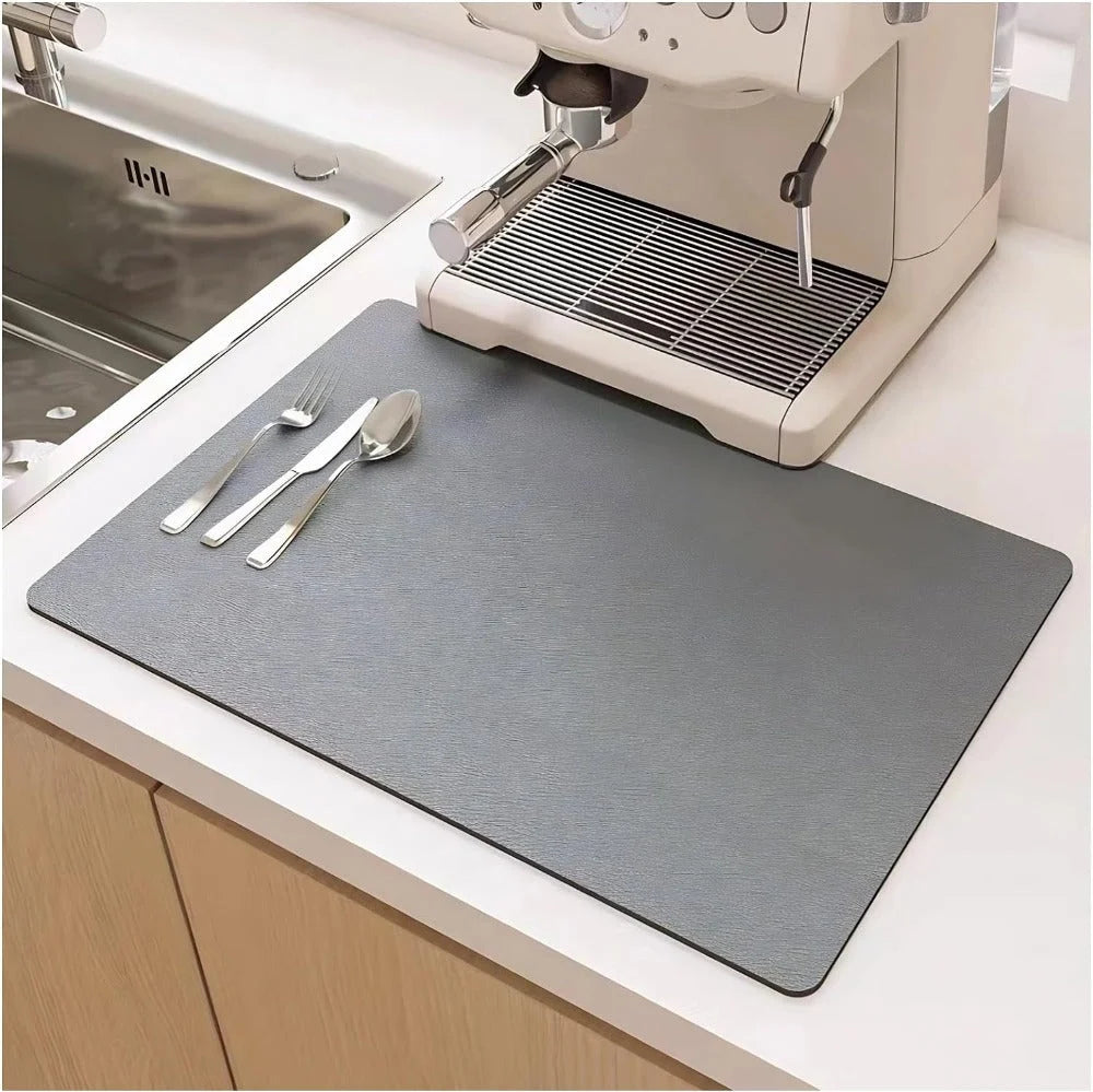 Diatomite Dish Drying Mat with Non-Slip Rubber Back - Grey Mat Under Coffee Machine
