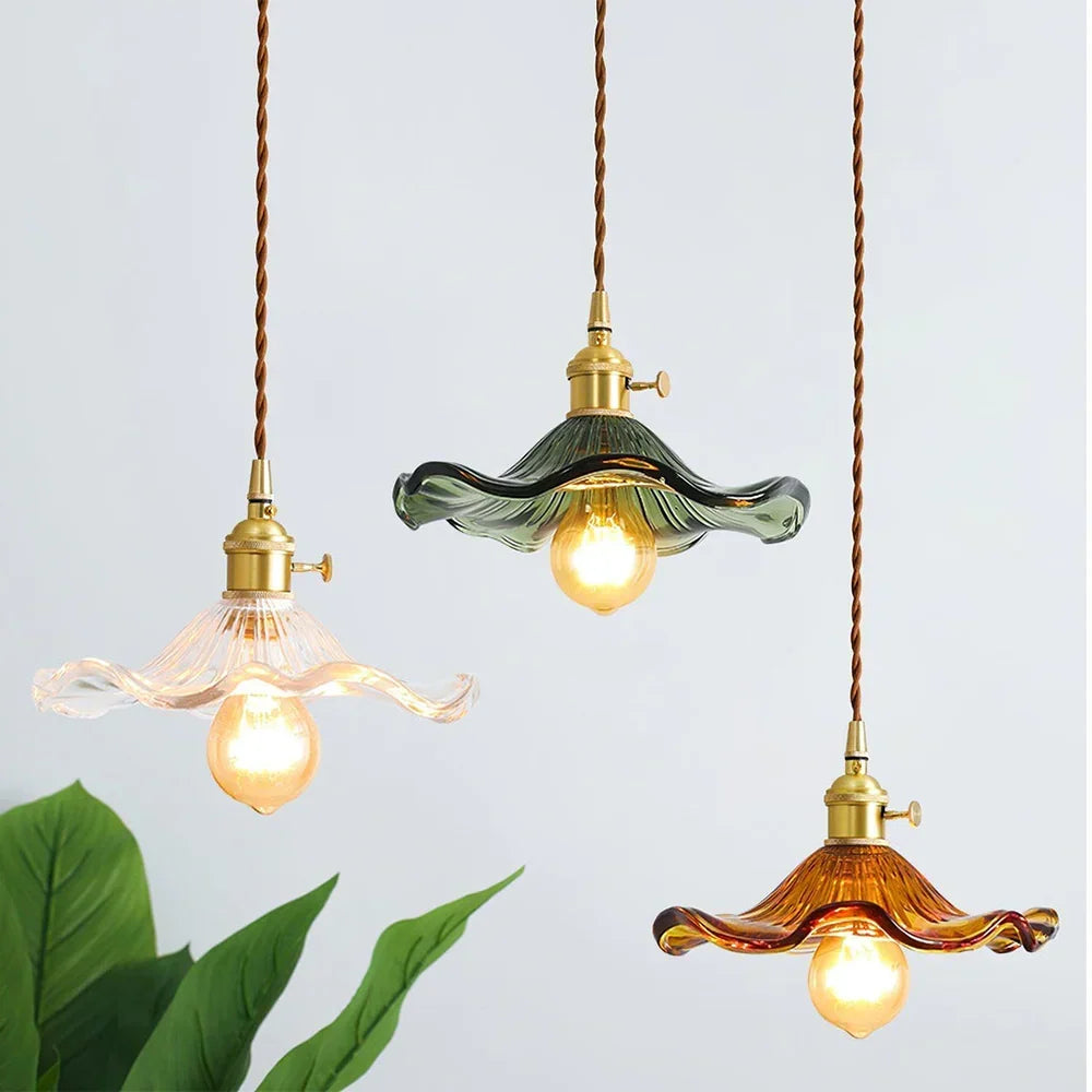 Floral Glass Pendant Light with Brass Fitting - Three Glass Colours Together