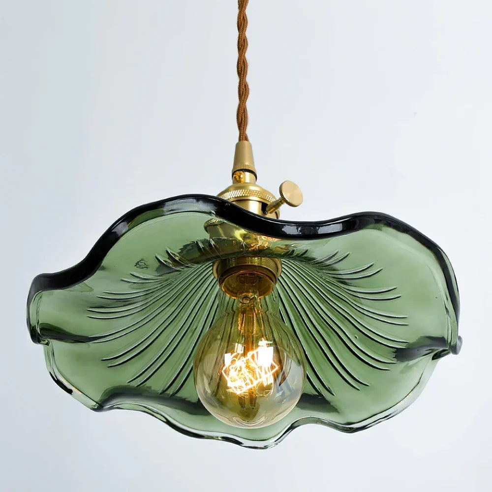 Floral Glass Pendant Light with Brass Fitting - Close-Up of Green Ribbed Glass Shade