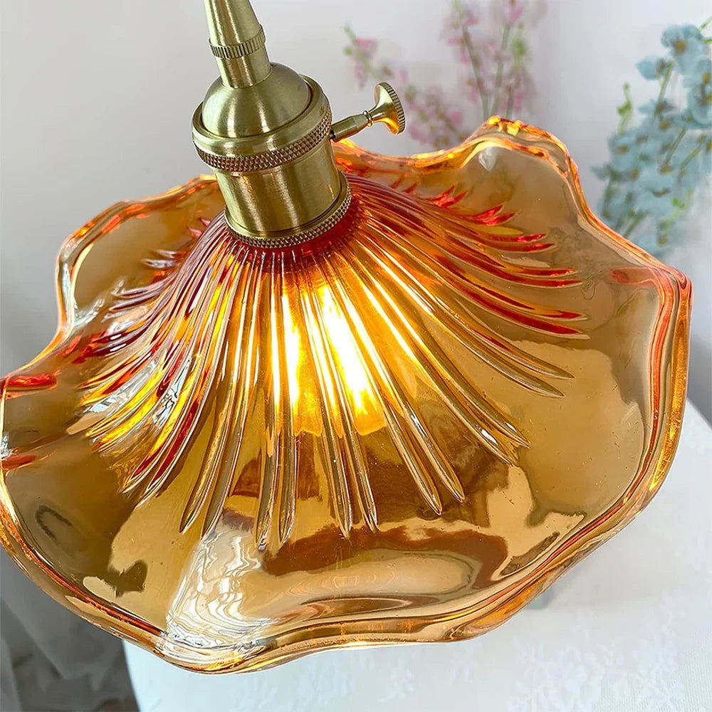 Floral Glass Pendant Light with Brass Fitting - Close-Up of Amber Glass and Brass Lamp Holder