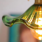Floral Glass Pendant Light with Brass Fitting - Close-Up of Wavy Green Glass Edge