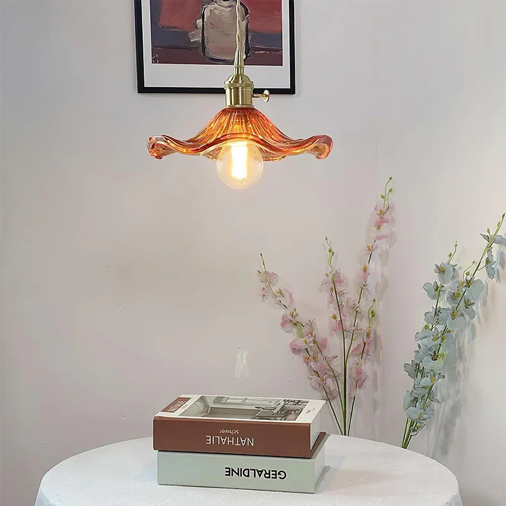 Floral Glass Pendant Light with Brass Fitting - Amber Glass Above Side Table