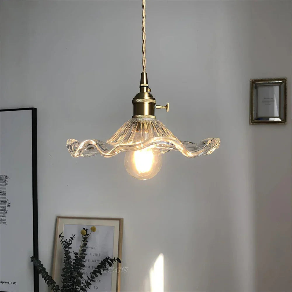 Floral Glass Pendant Light with Brass Fitting - Clear Glass Shade, Lit