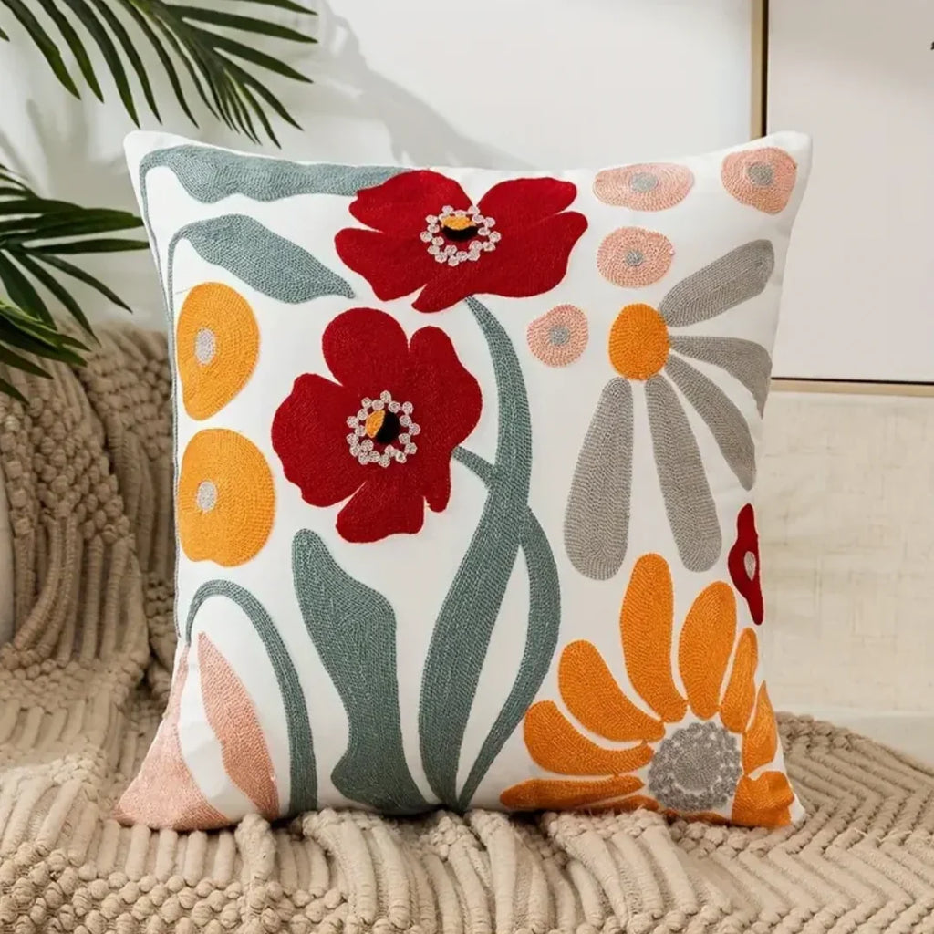 Floral Print Cushion - Red Poppy Design on Knitted Throw