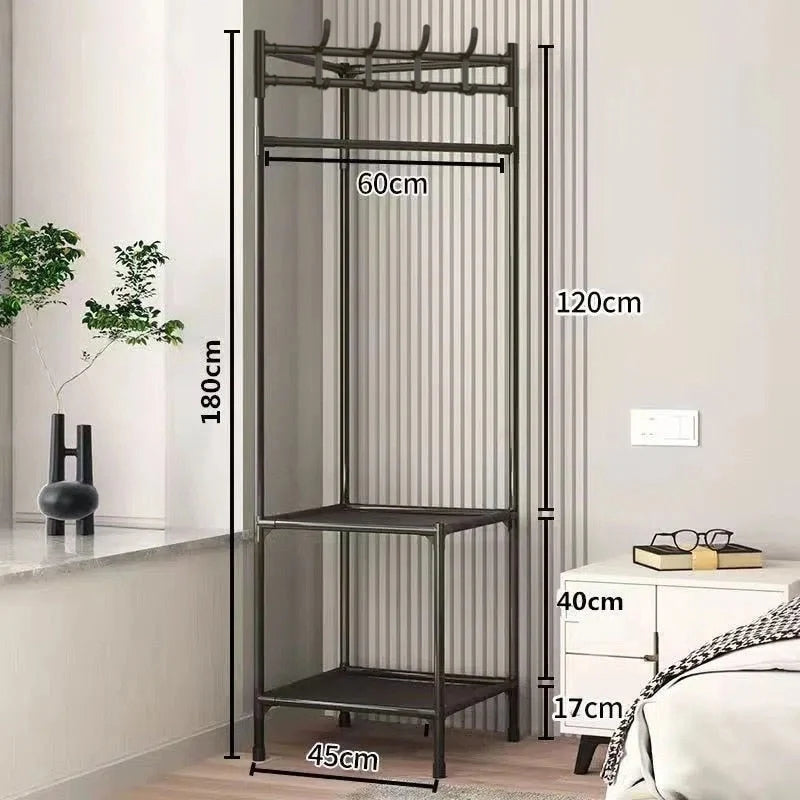 Corner Clothes Rail with Shelves & Hooks - Black with 2 Shelves, 180cm High with Dimensions