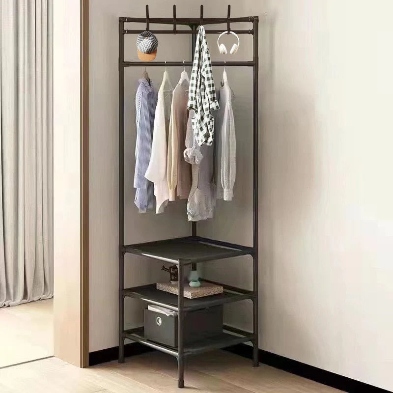 Corner Clothes Rail with Shelves & Hooks - Black with Clothes and Storage in Corner