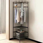 Corner Clothes Rail with Shelves & Hooks - Black with Clothes and Storage in Corner