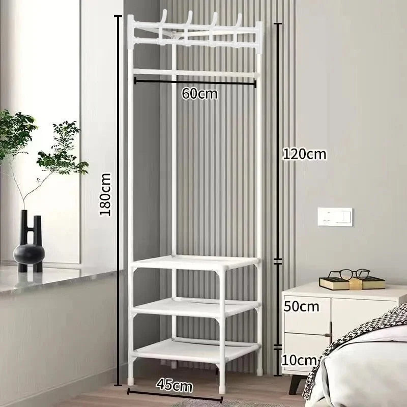 Corner Clothes Rail with Shelves & Hooks - White with 3 Shelves, 180cm High with Dimensions