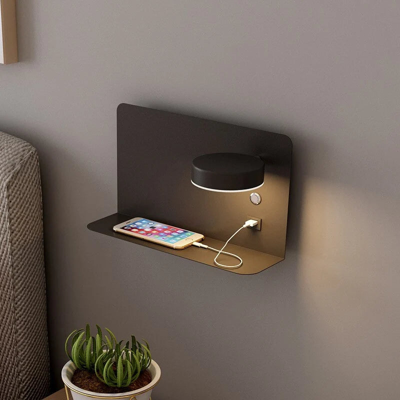 Reading Wall Light with Shelf & USB Port - Black Finish Beside Bed