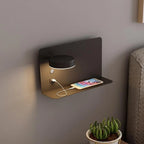 Reading Wall Light with Shelf & USB Port - Black Finish, Mirrored Version Beside Bed