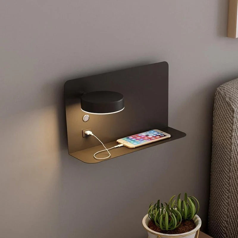 Reading Wall Light with Shelf & USB Port - Black Finish, Mirrored Version Beside Bed