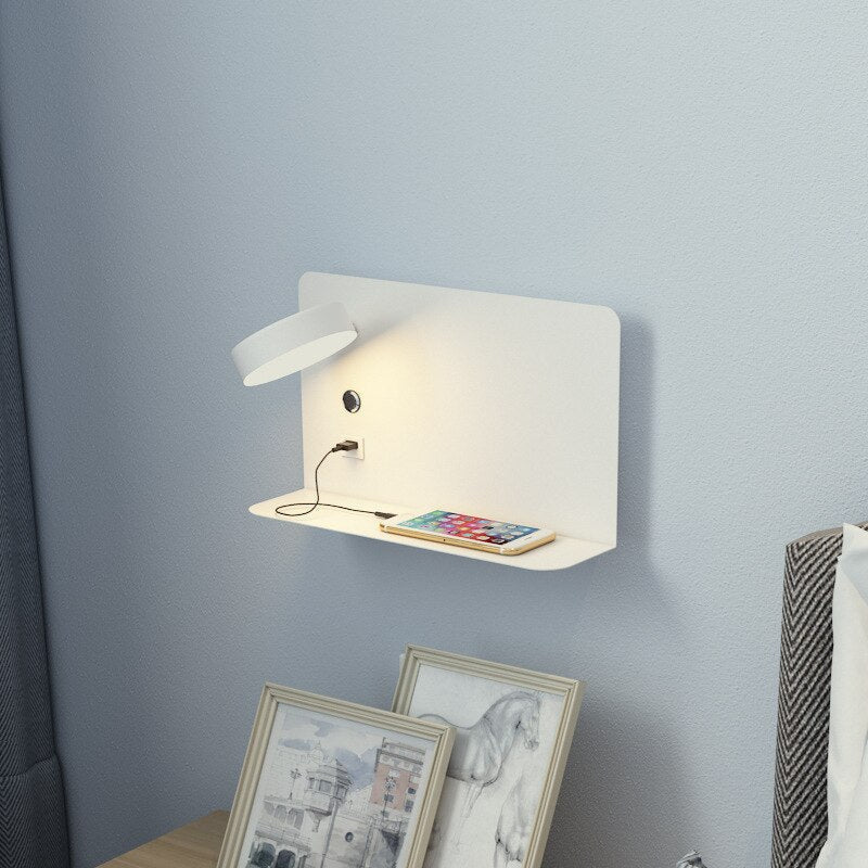 Reading Wall Light with Shelf & USB Port - White Finish Beside Bed