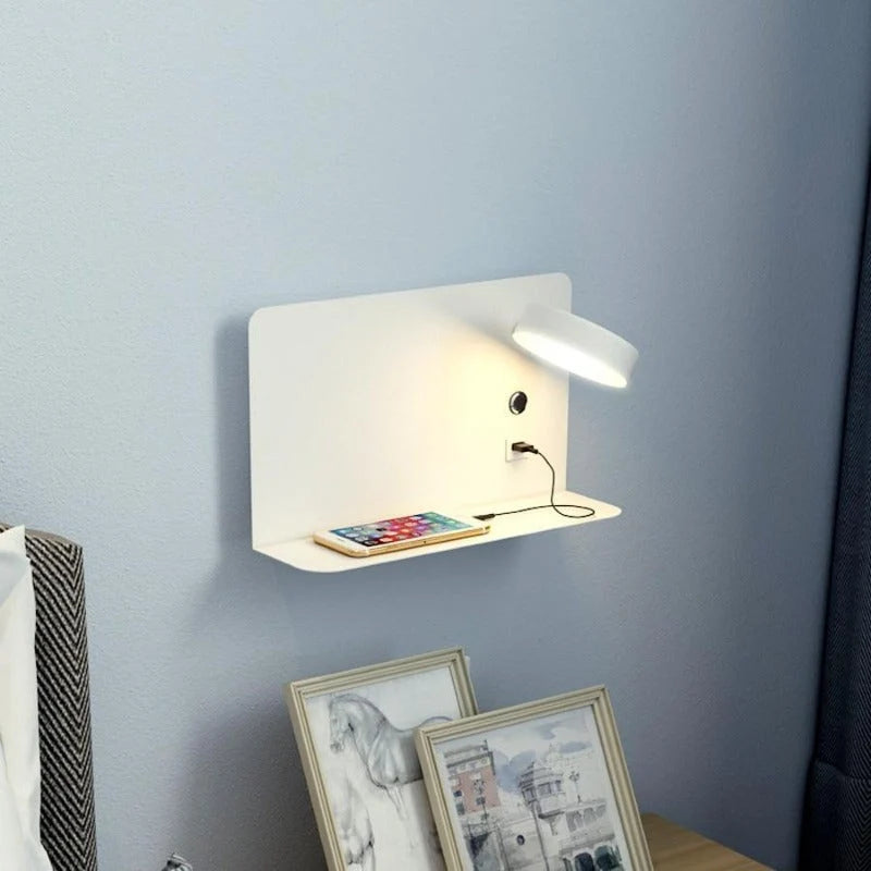 Reading Wall Light with Shelf & USB Port - White Finish, Mirrored Version