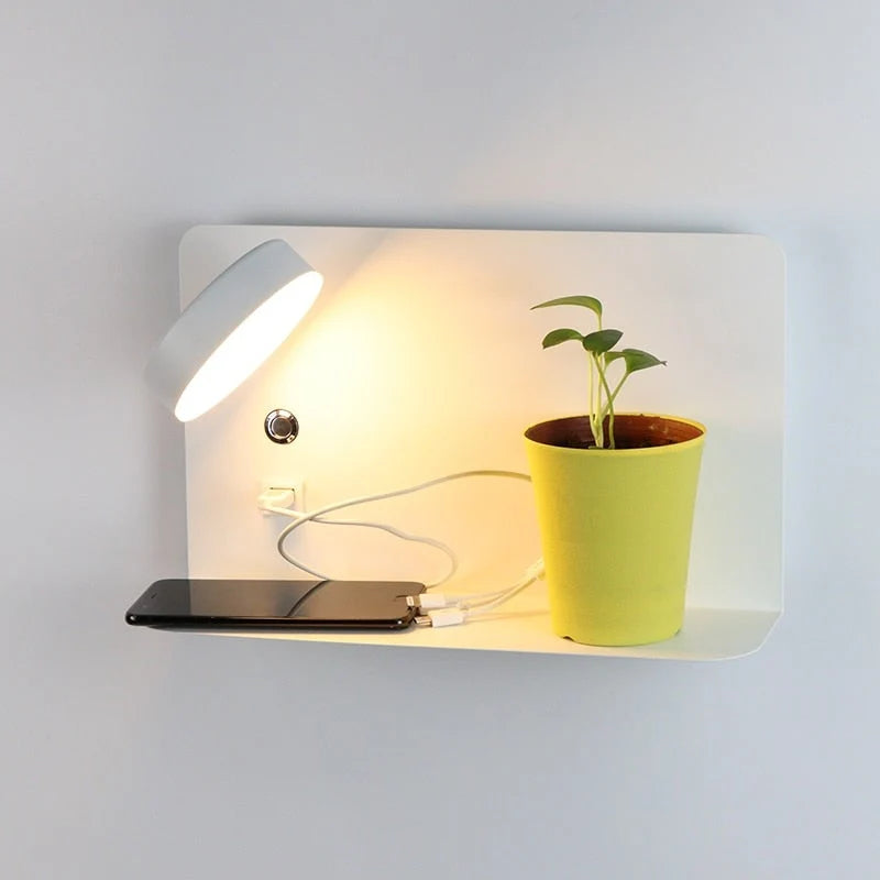 Reading Wall Light with Shelf & USB Port - White Finish with Plant and Phone