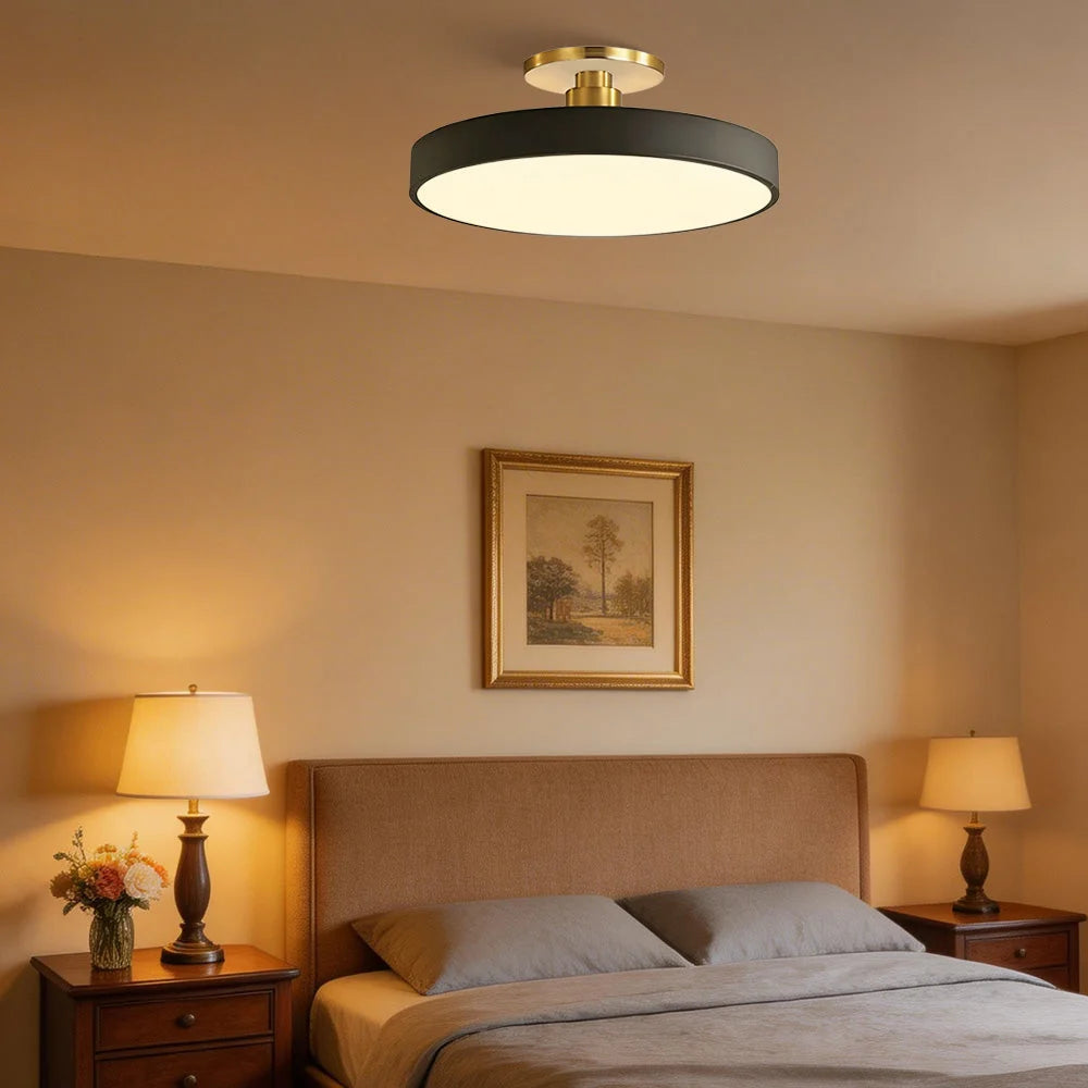 Round LED Ceiling Light with Acrylic Diffuser - Black Finish Above Bed, Warm Light