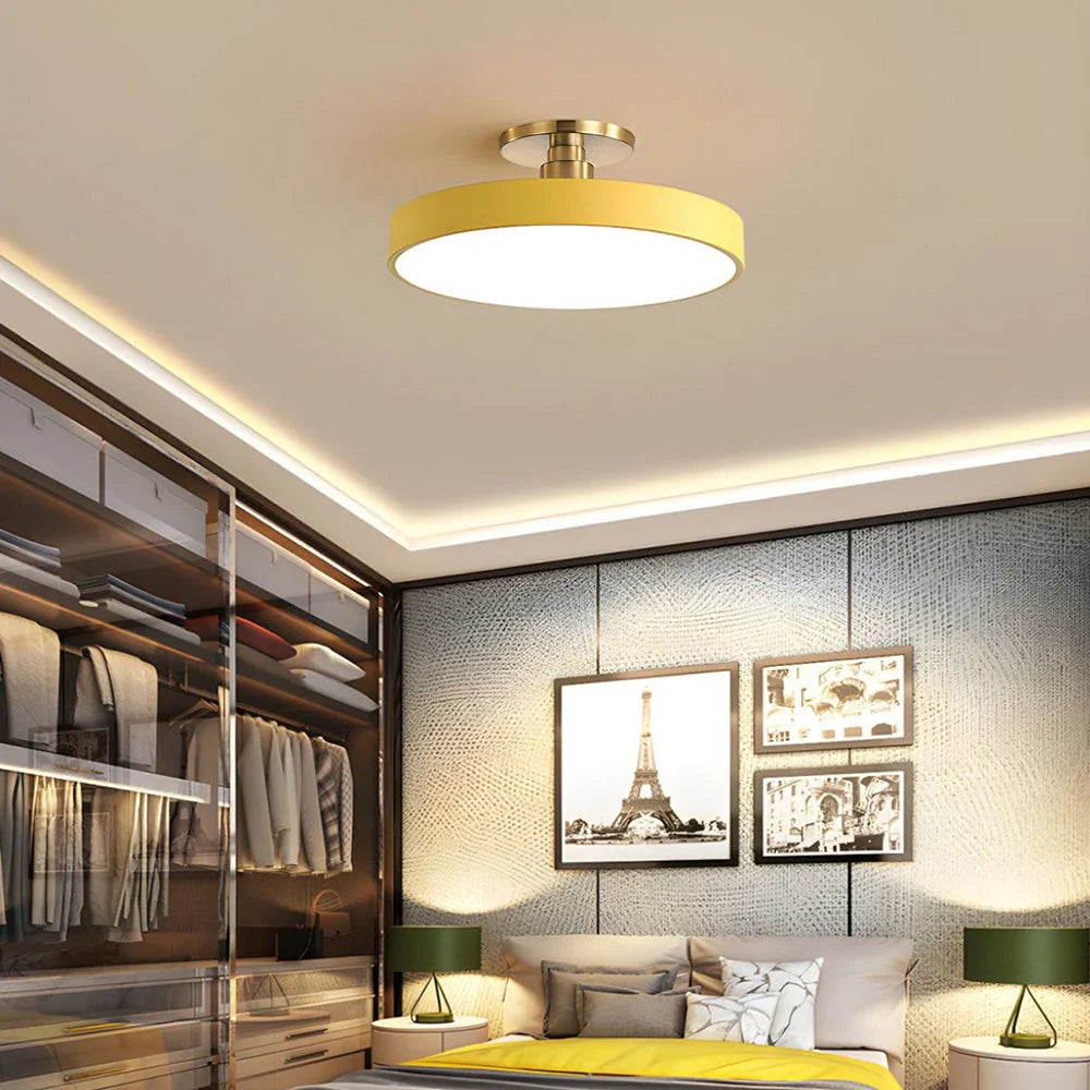 Round LED Ceiling Light with Acrylic Diffuser - Yellow Finish in Bedroom with Open Wardrobe