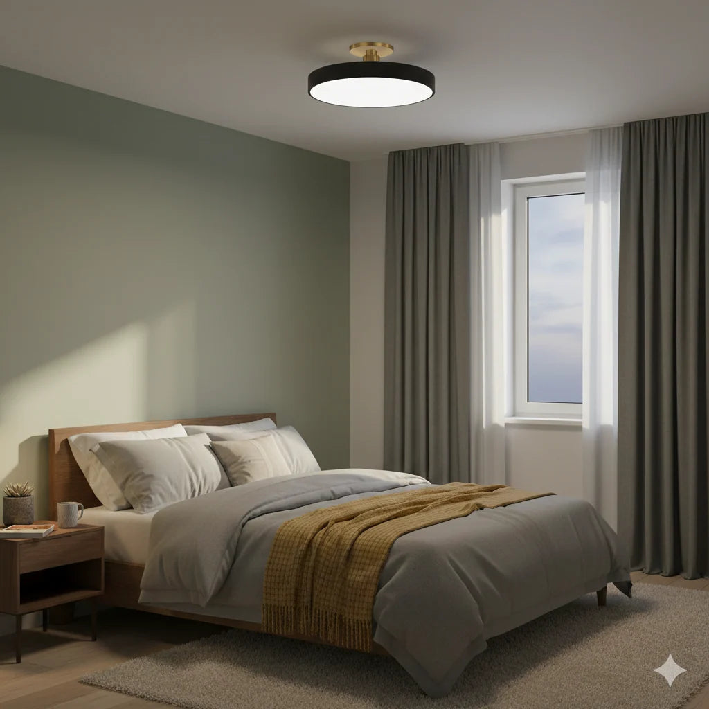 Round LED Ceiling Light with Acrylic Diffuser - Black Finish in Grey Bedroom