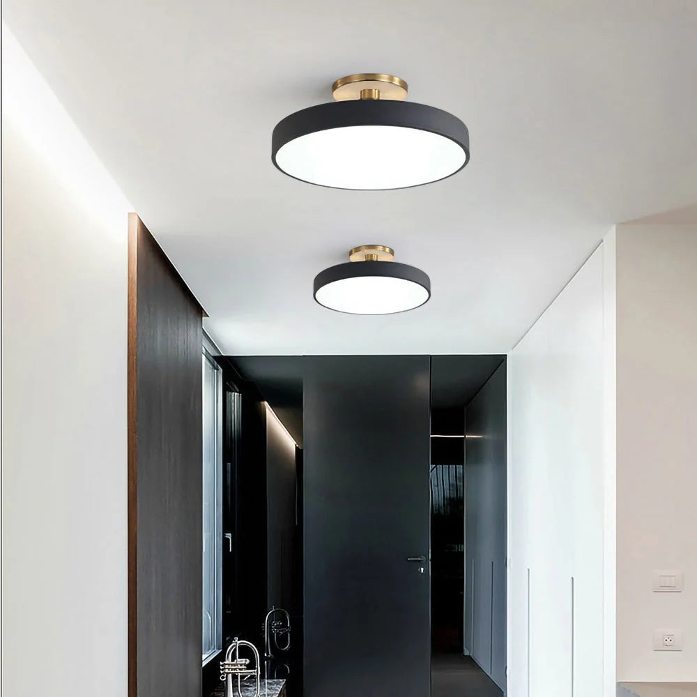 Round LED Ceiling Light with Acrylic Diffuser - Two Black Lights in Hallway