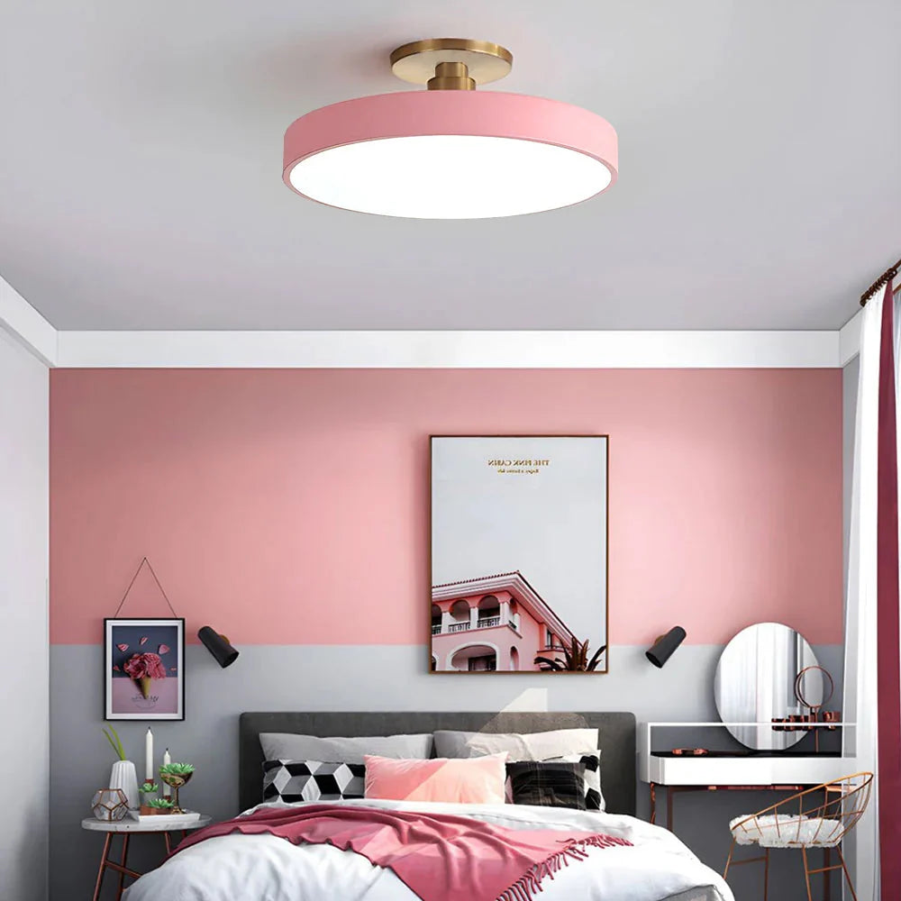Round LED Ceiling Light with Acrylic Diffuser - Pink Finish in Bedroom