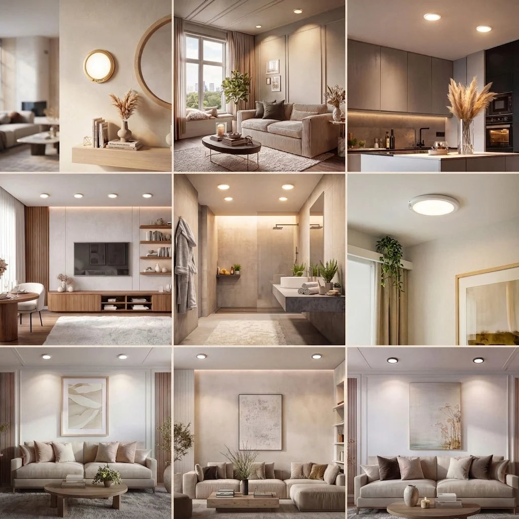 Wireless LED Ceiling Light with Motion Sensor - Shown in Different Rooms