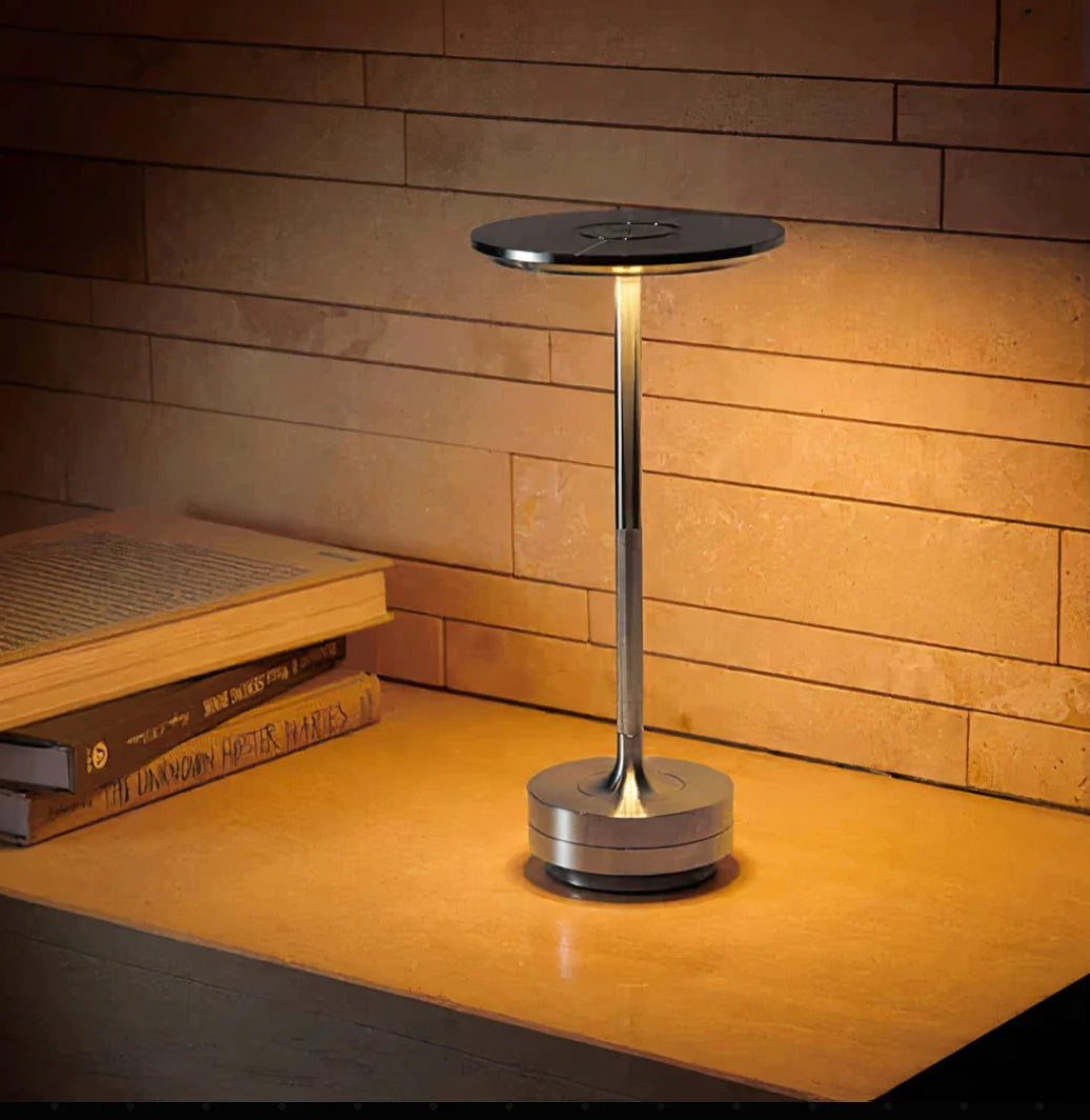 Cordless LED Table Lamp - Silver Finish on Desk, Lit
