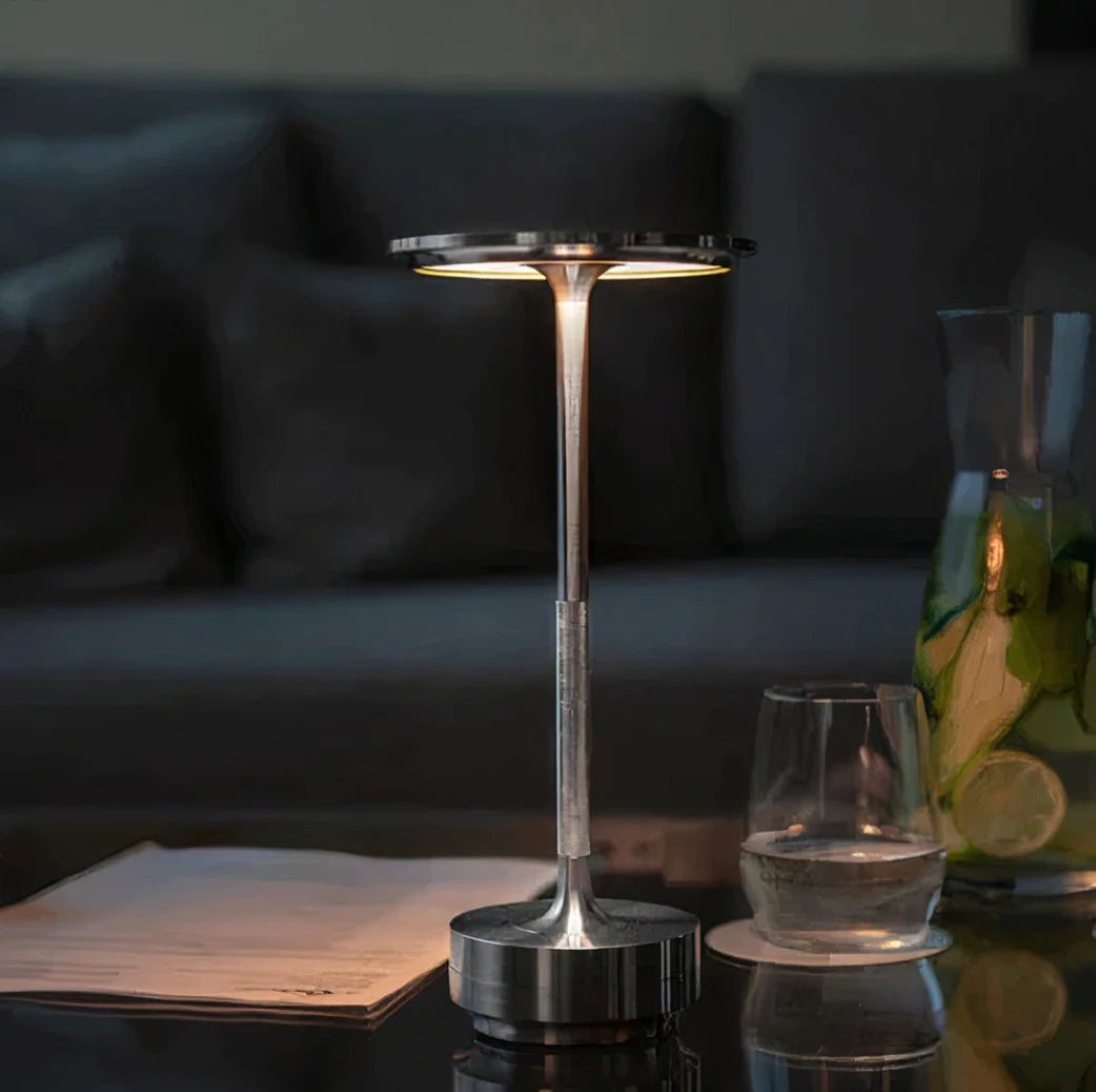 Cordless LED Table Lamp - Silver Finish on Coffee Table