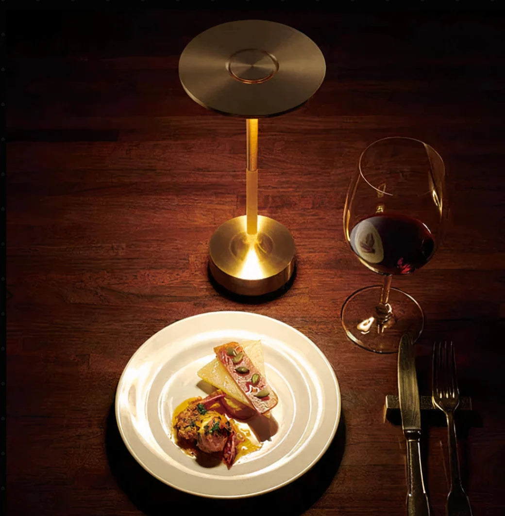 Cordless LED Table Lamp - Gold Finish on Dinner Table, Top View