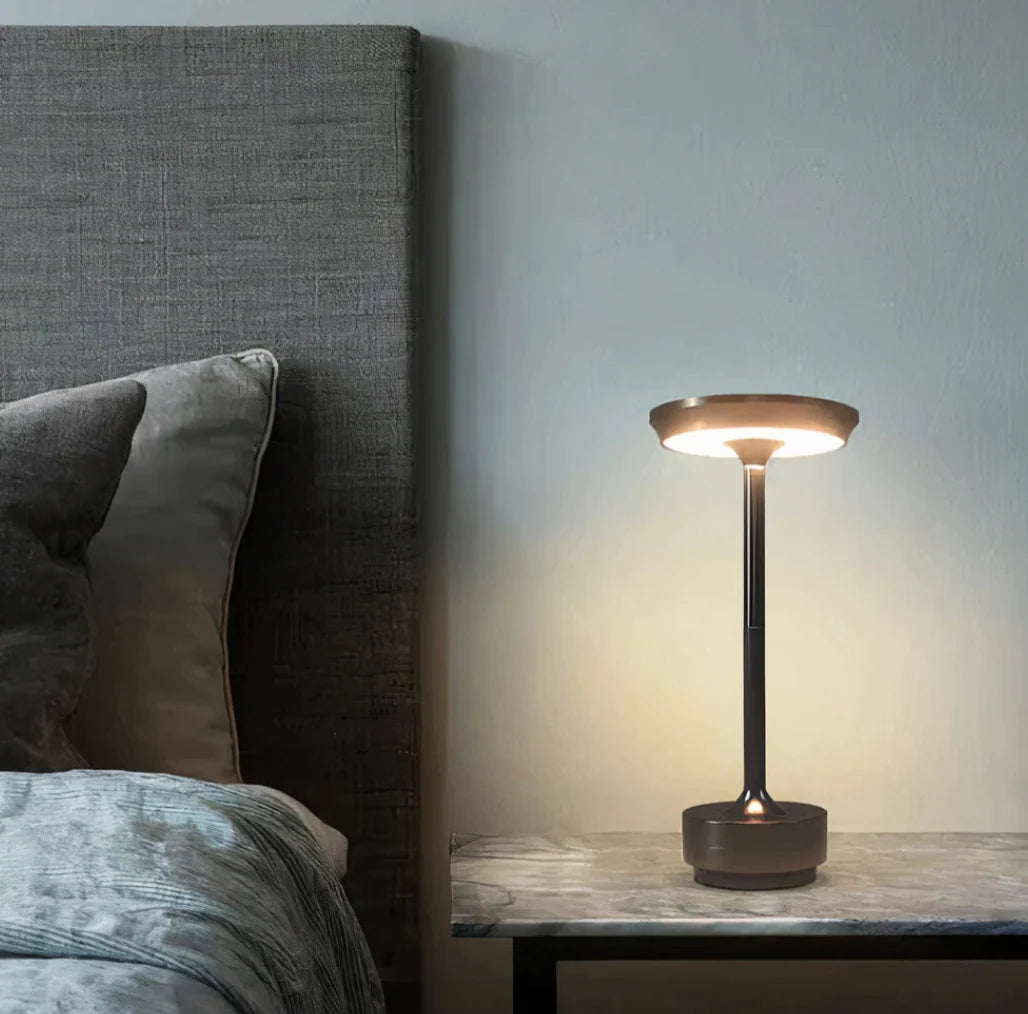 Cordless LED Table Lamp - Silver Finish on Bedside Table