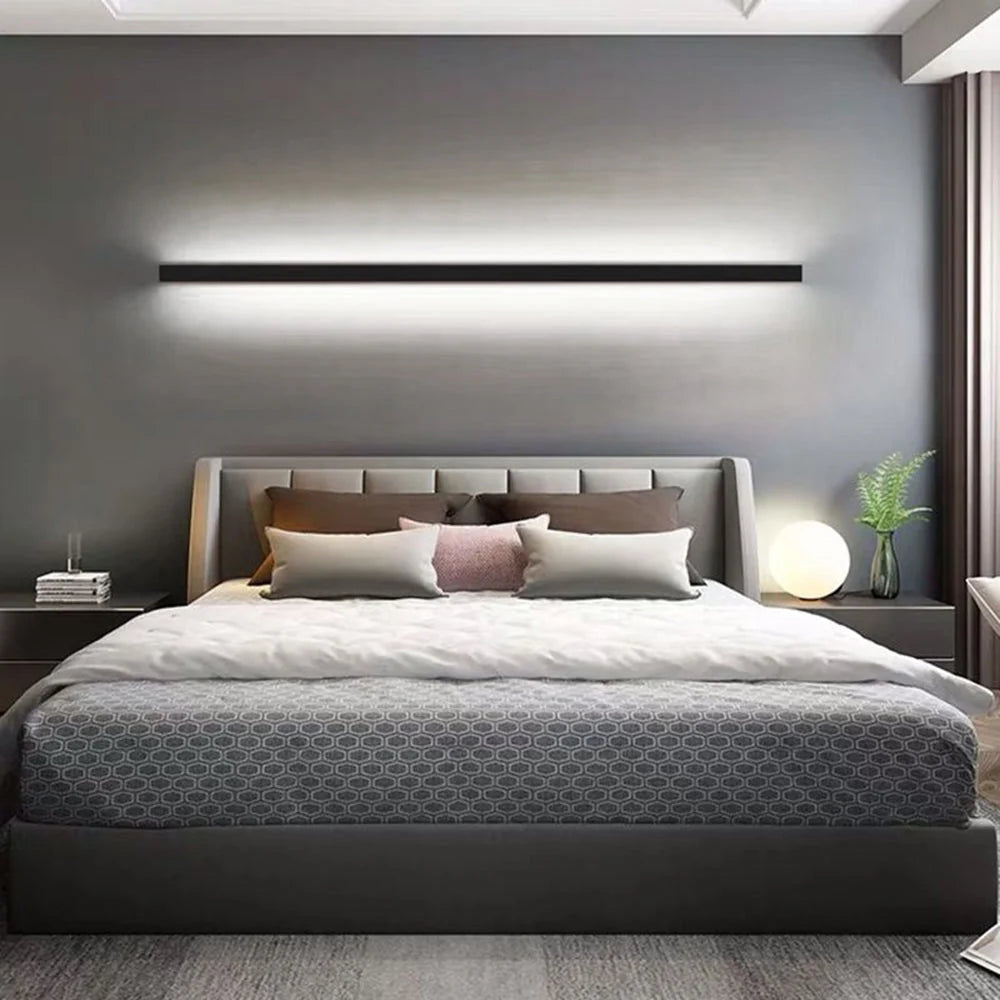 Slim Linear LED Wall Light - Black Finish Above Bed, White Light
