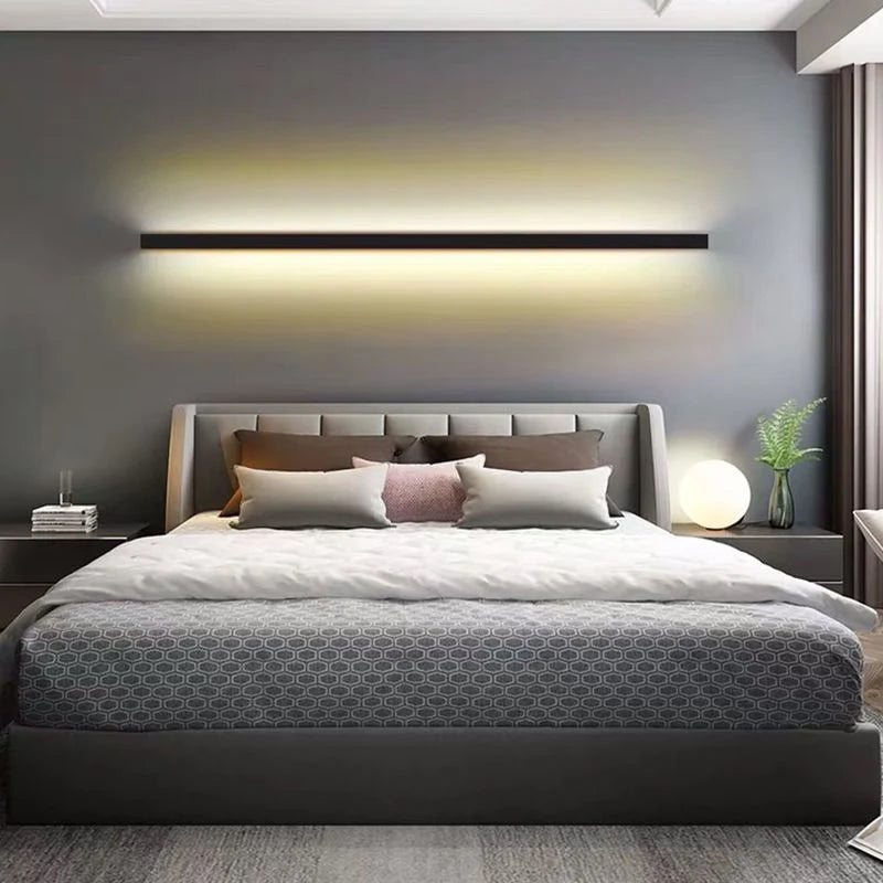 Slim Linear LED Wall Light - Black Finish Above Bed, Warm Light