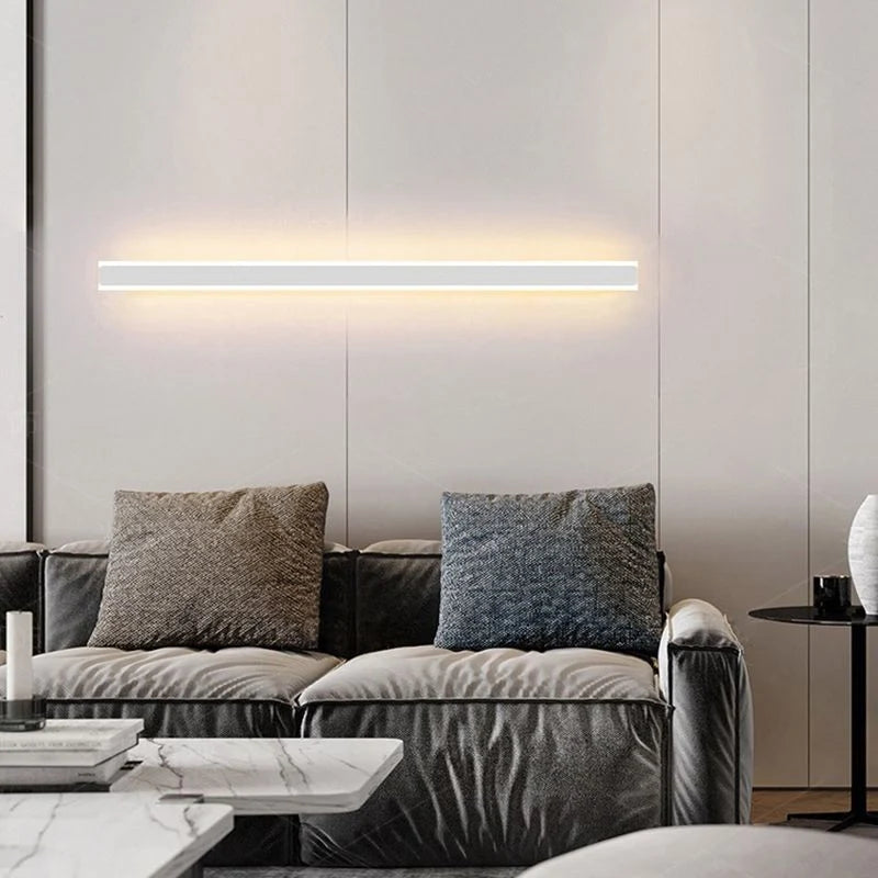 Slim Linear LED Wall Light - White Finish Above Sofa, Warm Light