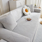 Stretch Jacquard Sofa Cover - On Sofa with Cushions, Angled View