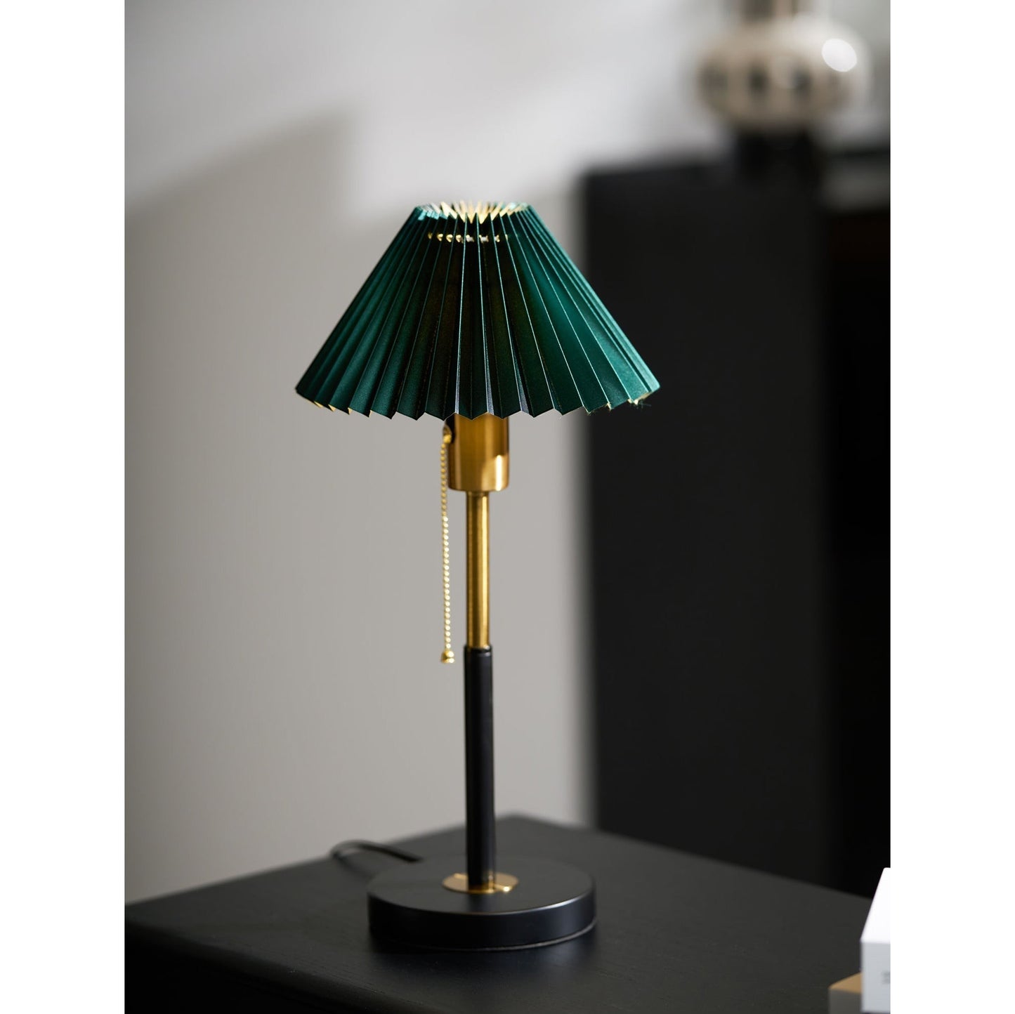 Green Pleated Shade & Gold Black Metal Table Lamp | 25cm 58cm