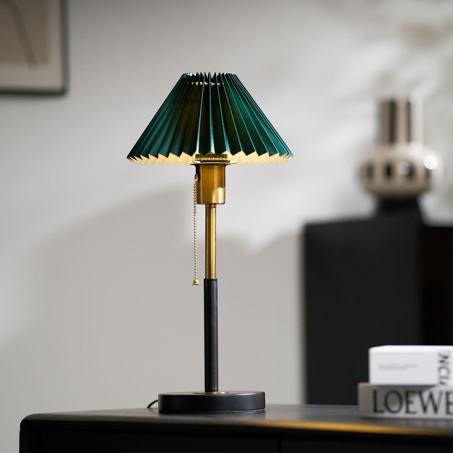 Green Pleated Shade & Gold Black Metal Table Lamp | 25cm 58cm