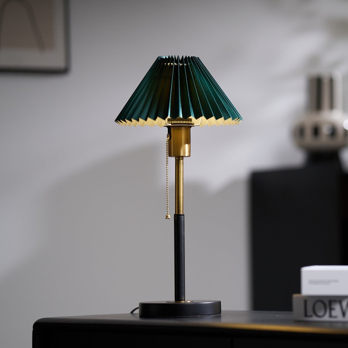 Green Pleated Shade & Gold Black Metal Table Lamp | 25cm 58cm
