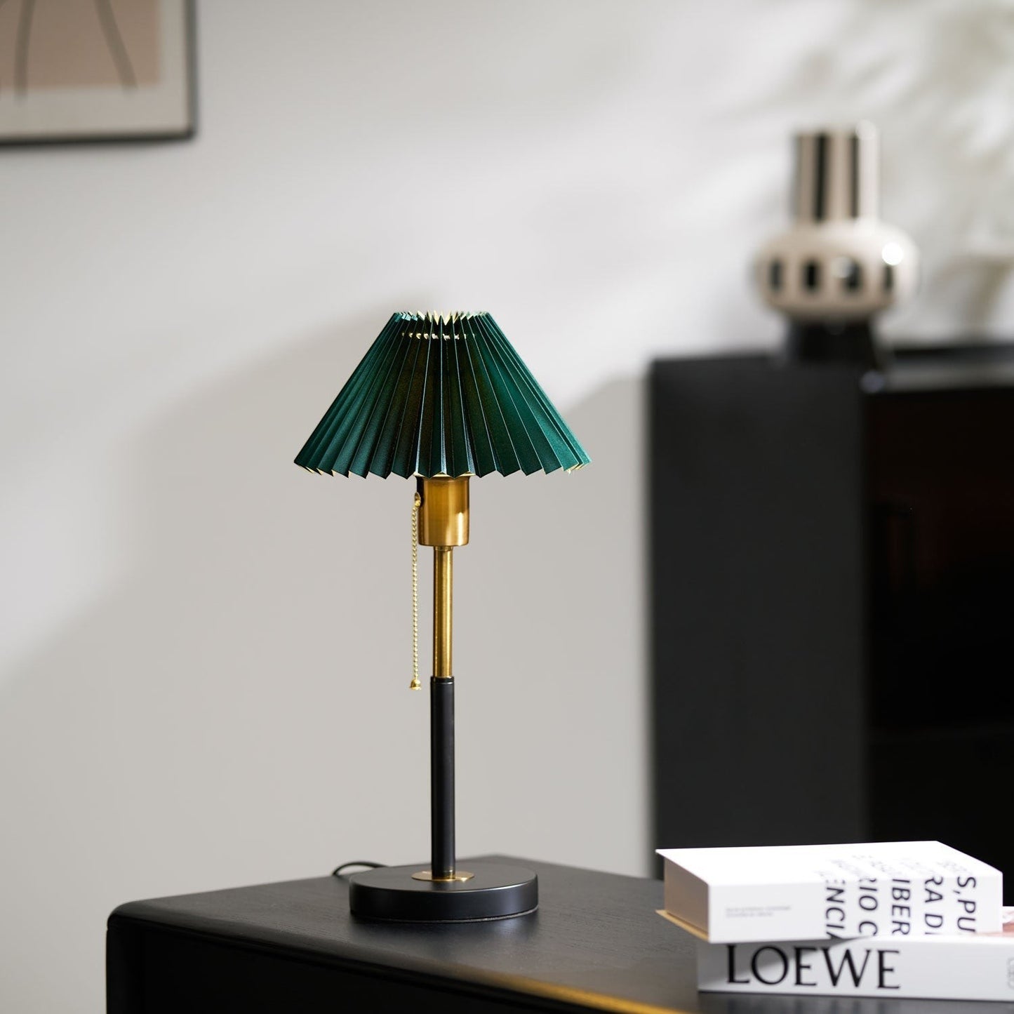 Green Pleated Shade & Gold Black Metal Table Lamp | 25cm 58cm
