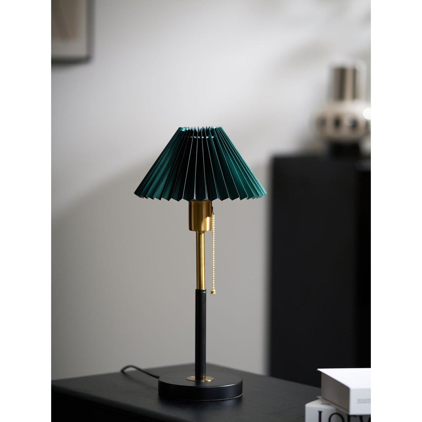 Green Pleated Shade & Gold Black Metal Table Lamp | 25cm 58cm