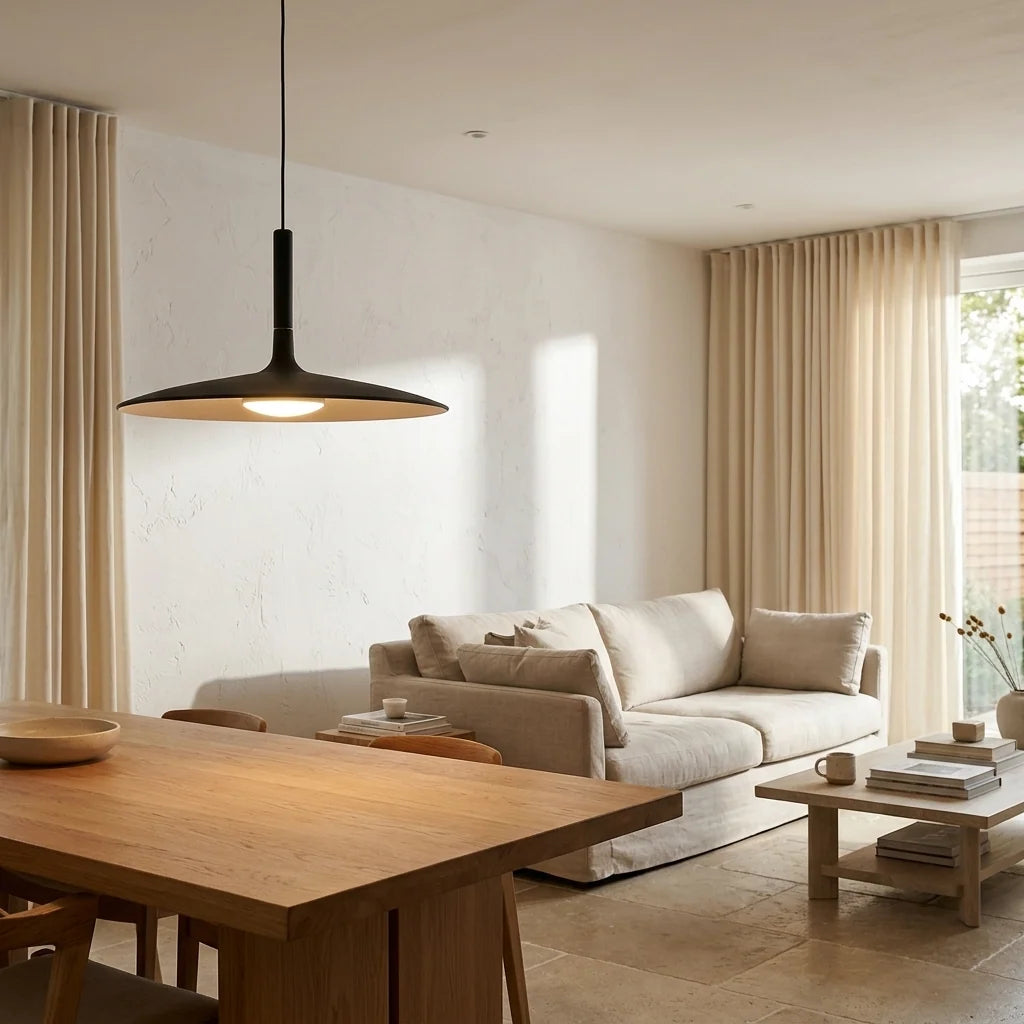 Slim Nordic Pendant Light - Black Shade Above Dining Table