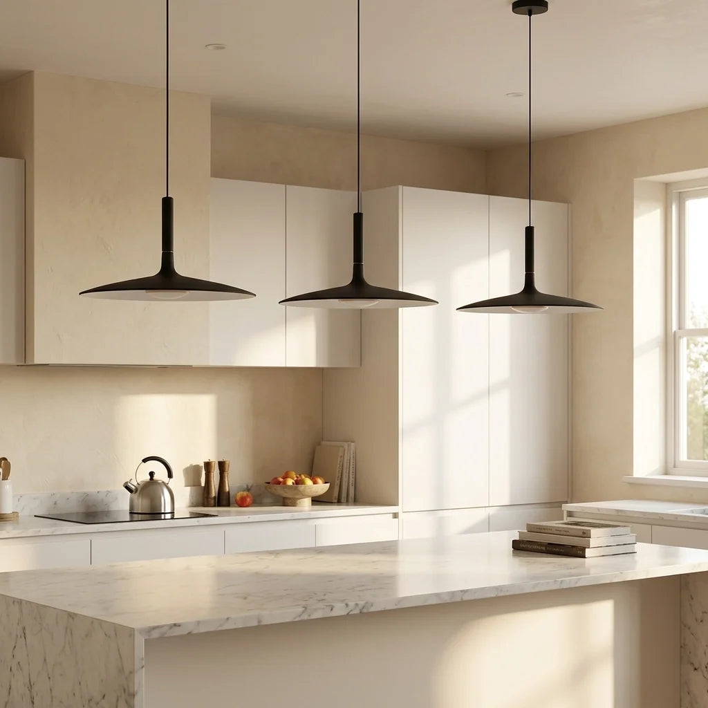 Slim Nordic Pendant Light - Three Black Pendants Above Kitchen Island