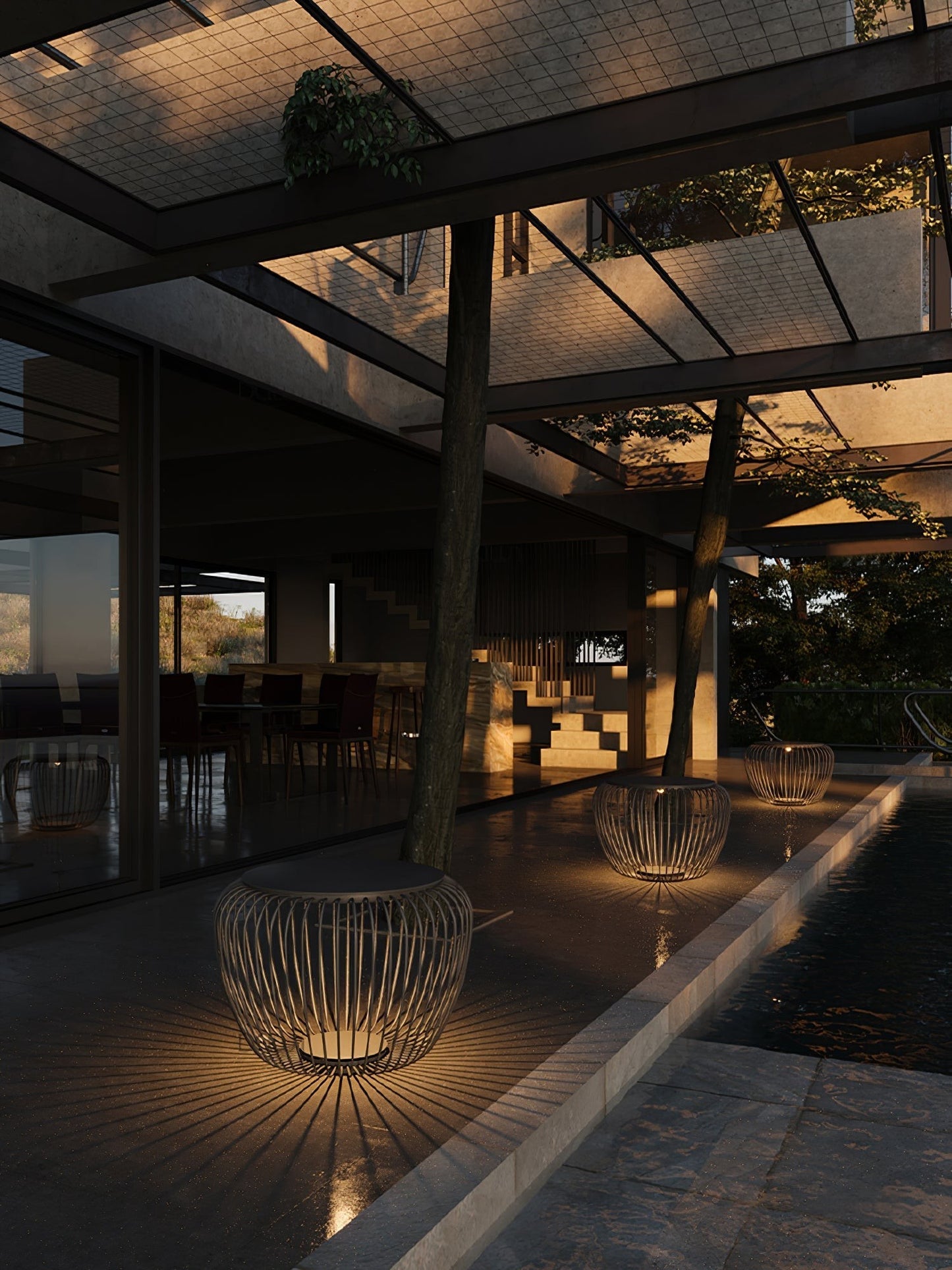 Steel Rib Circular LED Outdoor Lamp | Stool Side-Table Garden Patio