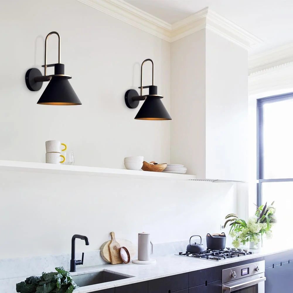 Mid-Century Wall Sconce with Cone Shade and Brass Arm - Two Black Sconces Above Kitchen Shelf