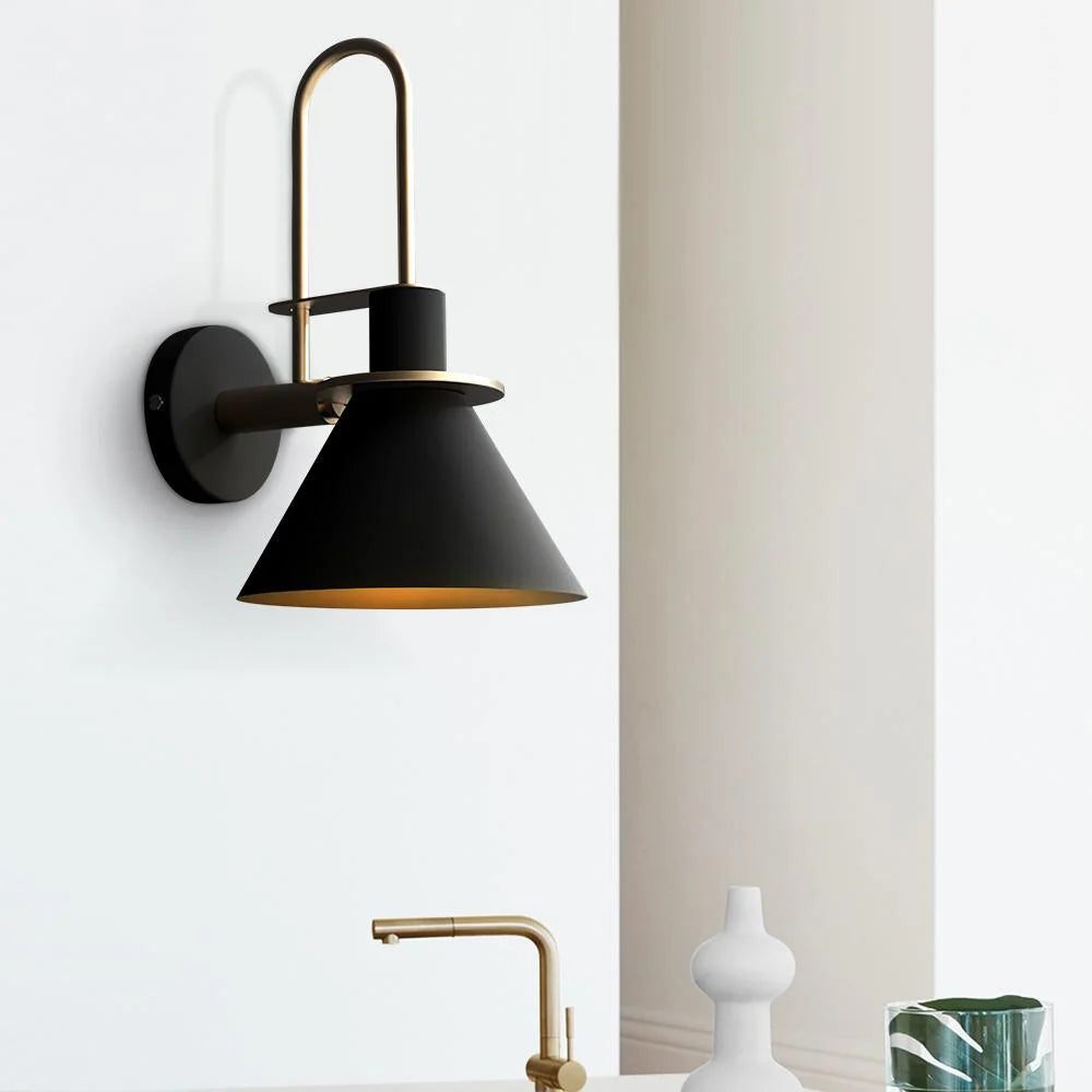 Mid-Century Wall Sconce with Cone Shade and Brass Arm - Black Shade Beside Window