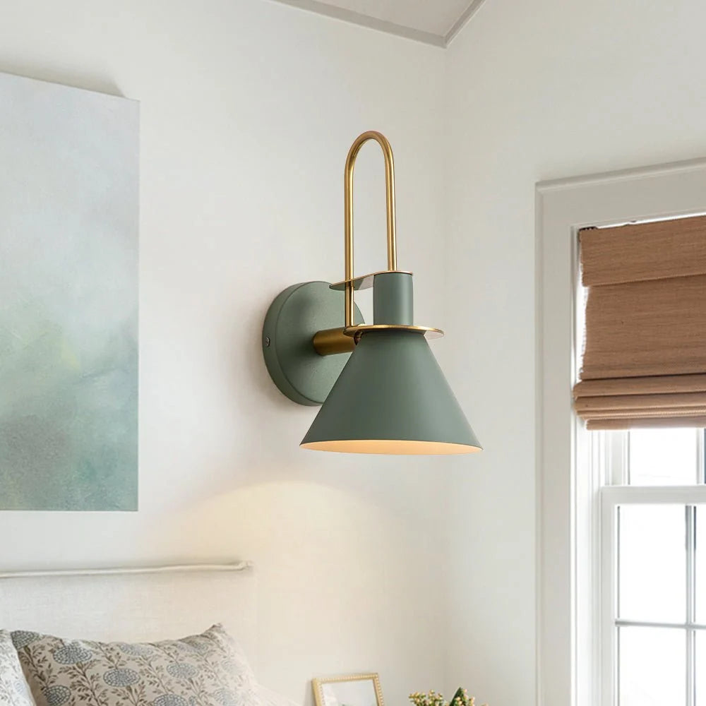 Mid-Century Wall Sconce with Cone Shade and Brass Arm - Green Shade Above Bed
