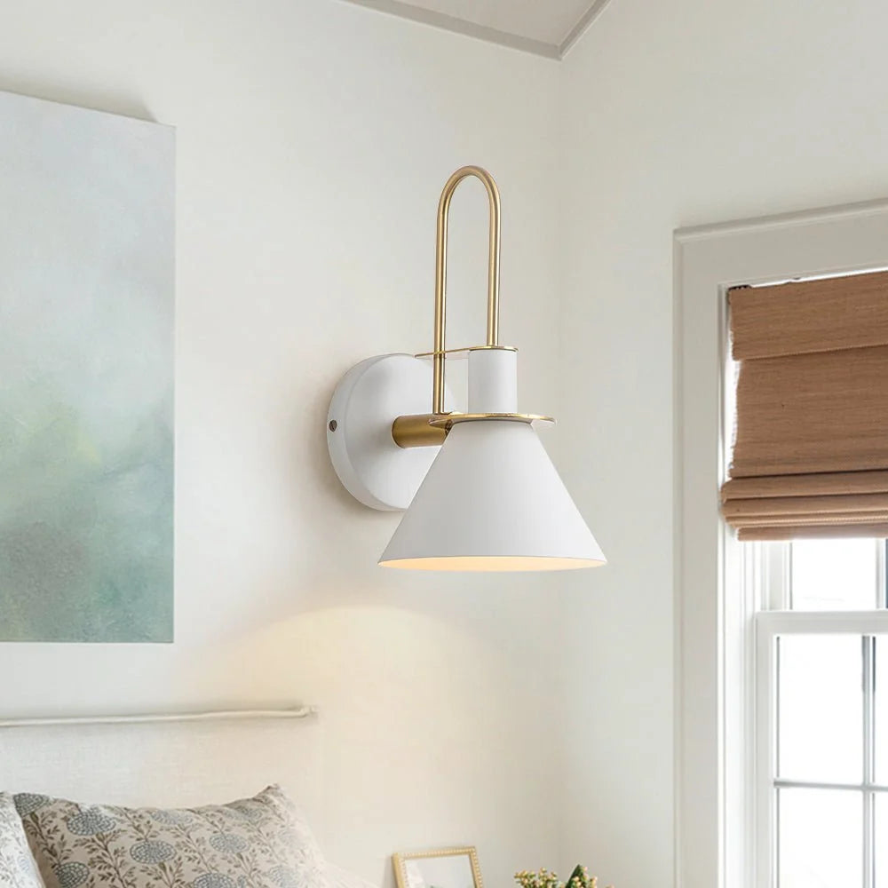 Mid-Century Wall Sconce with Cone Shade and Brass Arm - White Shade Above Bed
